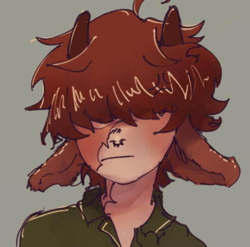 Art of the alter Tubbo, also known as Moth, drawn by the Haunted Ballroom Collective. He is shown from the shoulders up. He is white with brown hair that covers his eyes, furry brown goat ears, and small brown goat horns. He's wearing a black septum ring w