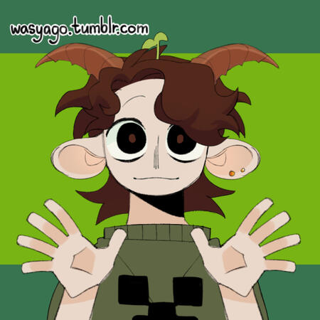 A Picrew of the alter Satyr, made with wasyago's Picrew. He is white with brown hair, brown eyes, and ram horns. He has large faun ears and two gold studs on his left ear. They are wearing a creeper sweater and a plant on their head, and are holding their