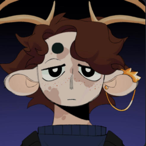 Picrew art of the alter Bishop, made with wasyago's Picrew. They are white with brown hair, a flat expression, faun ears, and deer antlers. He has a mark over his left eye to represent the burn scar he formed with (which is simply an identifying mark, noth