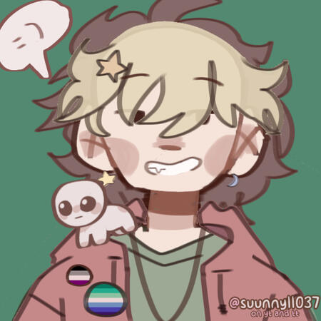 Picrew art of the alter October, also known as Tib, made with the sunny11037 picrew. They are white, human, and wearing a green shirt with a red jacket over. His hair is brown with blonde bangs, and he wears a gay (MLM) flag pin, as well as an asexual pin,